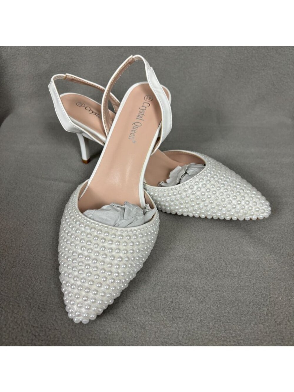 Crystal Queen Pearl-Embellished White Slingback Heels Pointed Toe Size 41 NWOB.